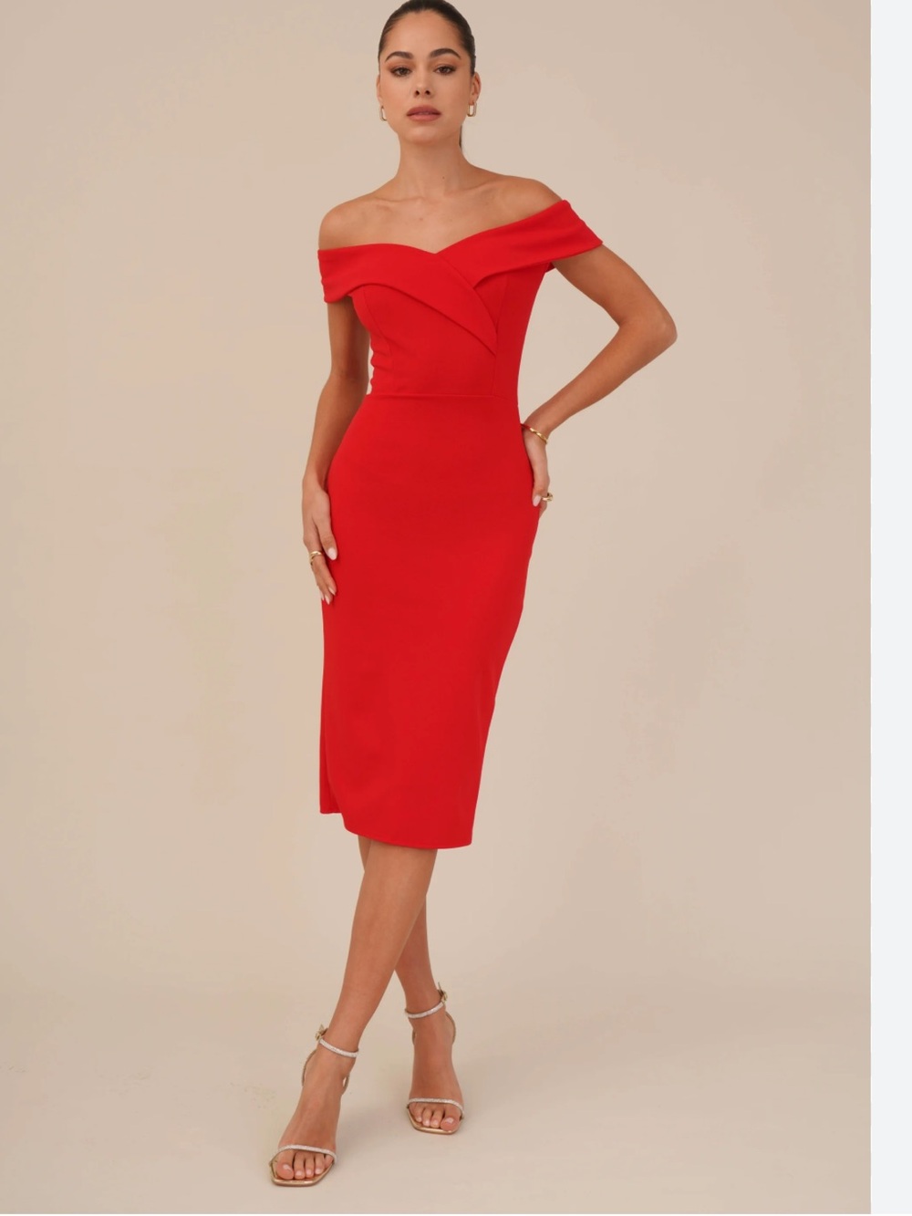 Alice + Olivia Scarlet Off-the-Shoulder Midi Sheath Dress